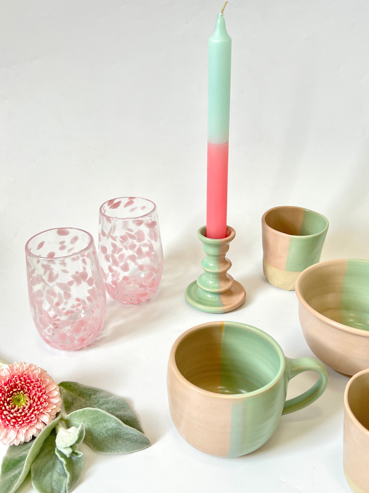 *Exclusive* Two-Toned Ceramic Candlestick - Pink / Aqua