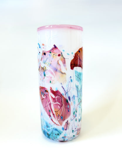 Large Handblown Glass Cylinder Vase - by Grinter Glass - White with Pink Shards (24499)