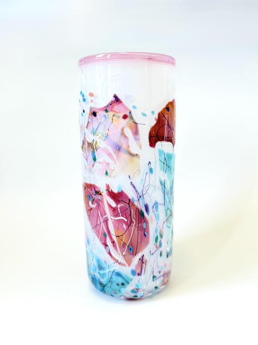 Large Handblown Glass Cylinder Vase - by Grinter Glass - White with Pink Shards (24499)