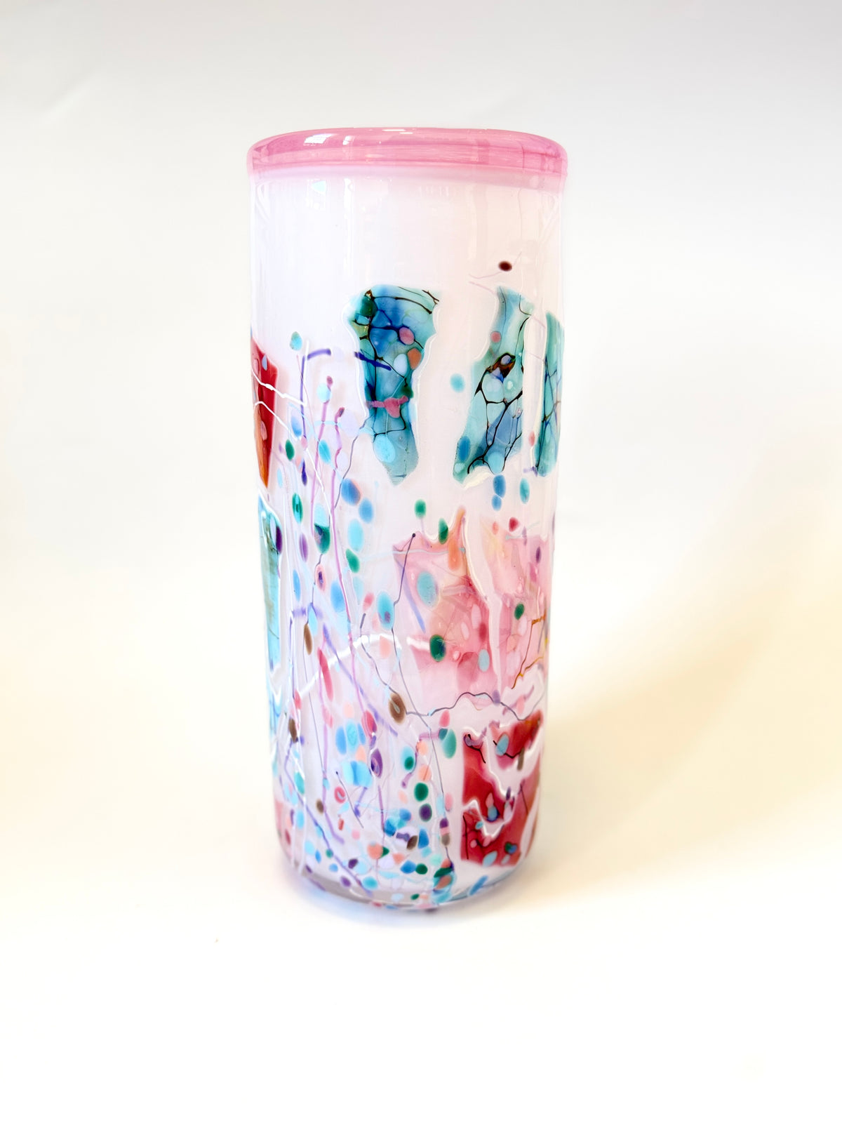 Large Handblown Glass Cylinder Vase - by Grinter Glass - White with Pink Shards (24499)