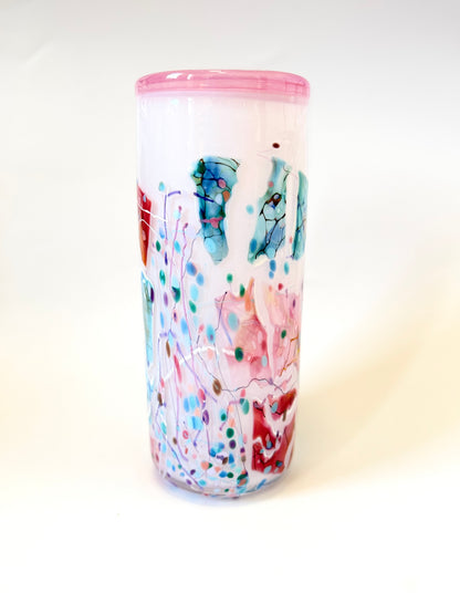 Large Handblown Glass Cylinder Vase - by Grinter Glass - White with Pink Shards (24499)