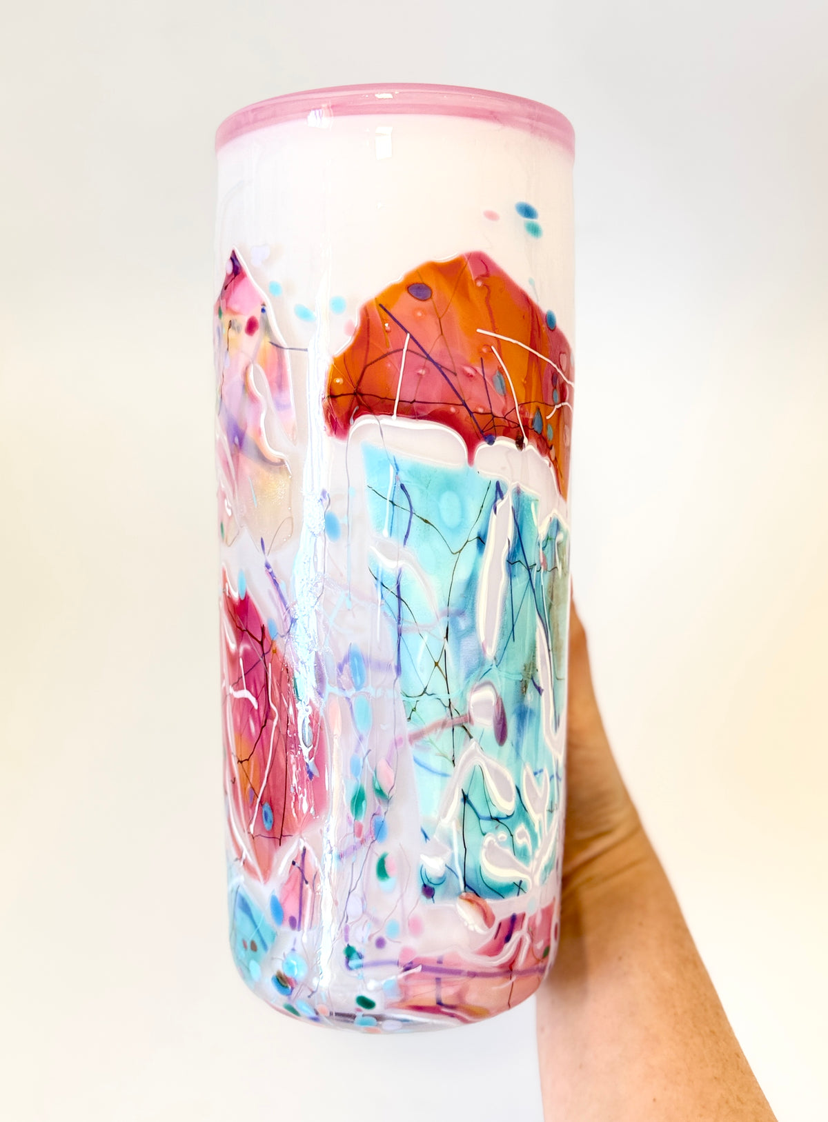Large Handblown Glass Cylinder Vase - by Grinter Glass - White with Pink Shards (24499)