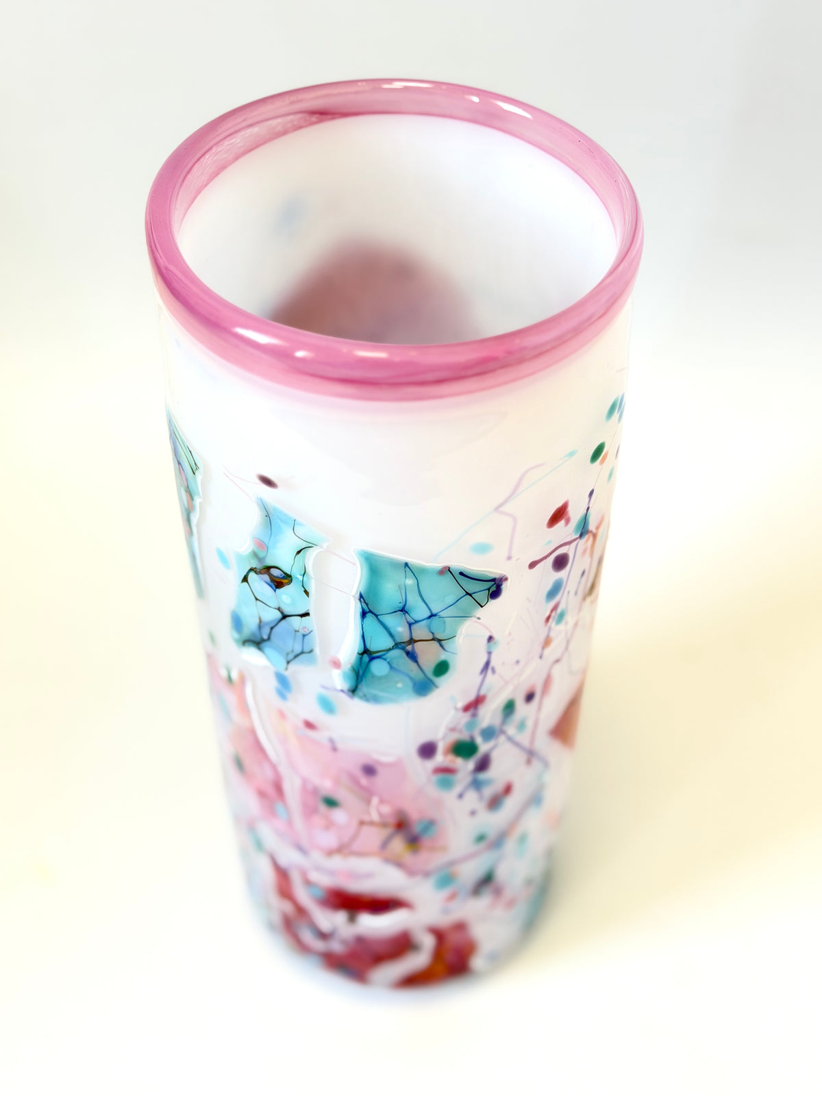 Large Handblown Glass Cylinder Vase - by Grinter Glass - White with Pink Shards (24499)