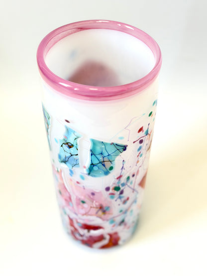 Large Handblown Glass Cylinder Vase - by Grinter Glass - White with Pink Shards (24499)