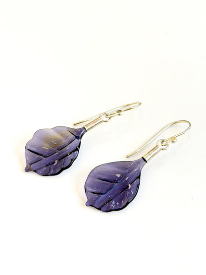 Glass Leaf Drop Earrings - Purple