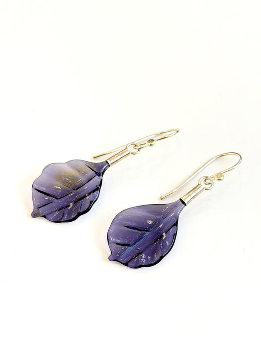 Glass Leaf Drop Earrings - Purple