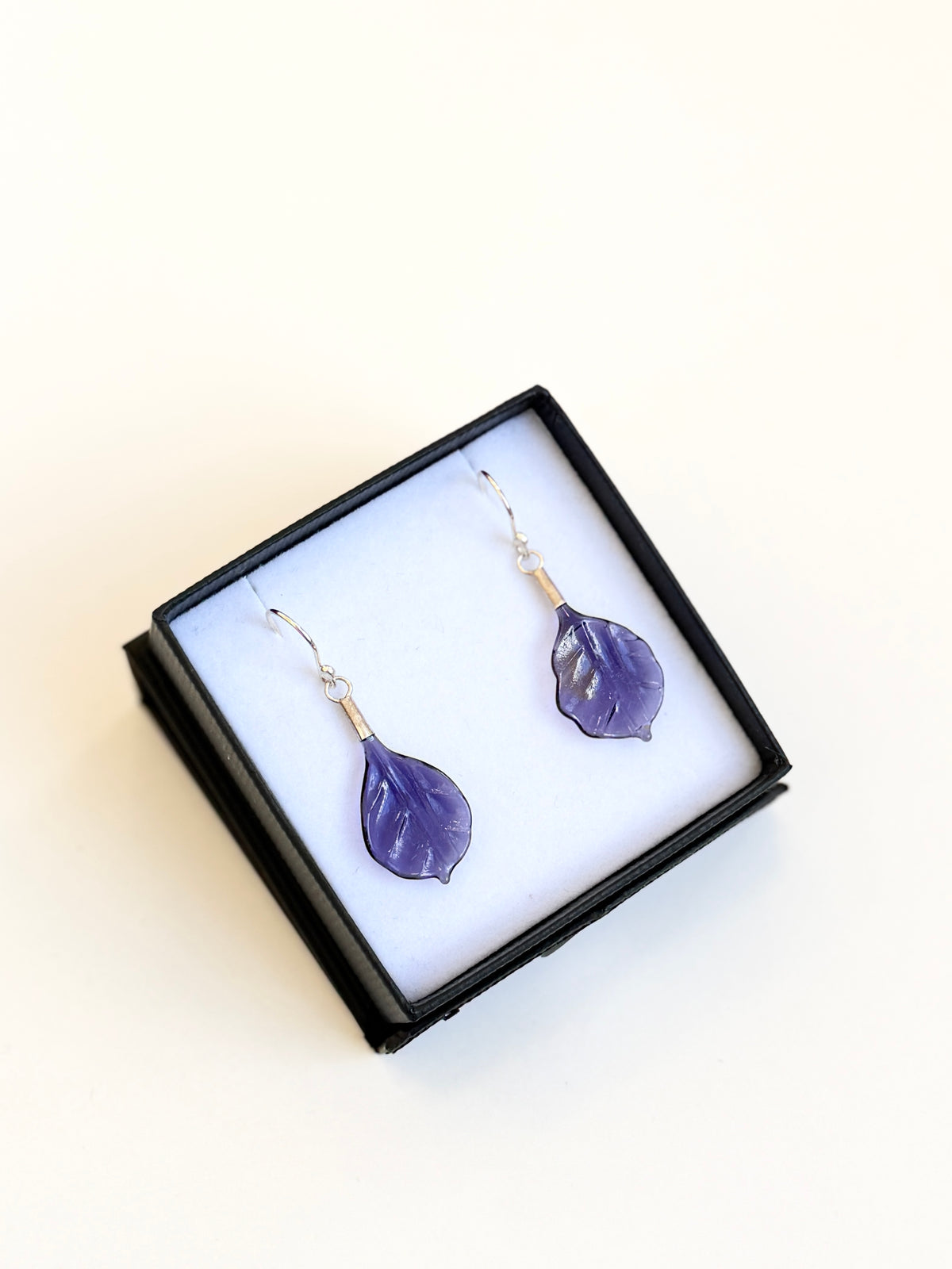 Glass Leaf Drop Earrings - Purple