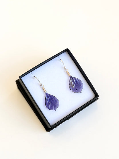Glass Leaf Drop Earrings - Purple