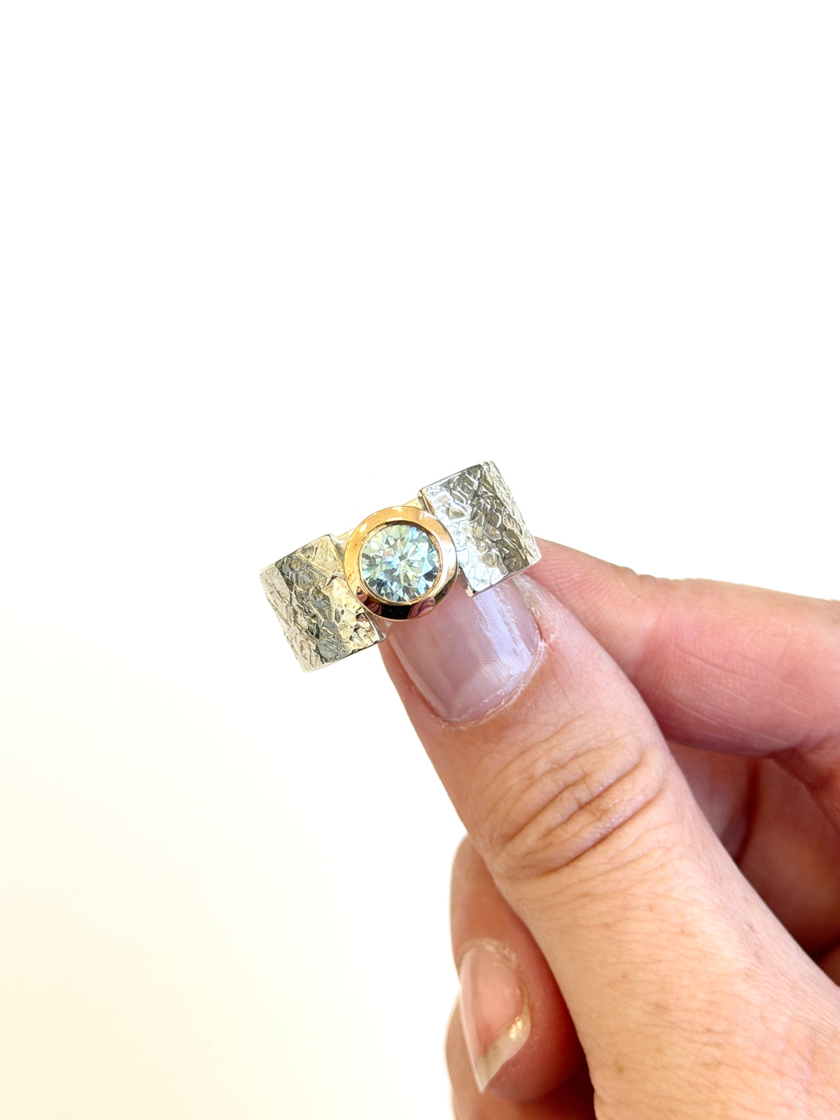 Textured Silver, Rose Gold, 1.0ct Moissanite wide band ring by Idour (CI.5)