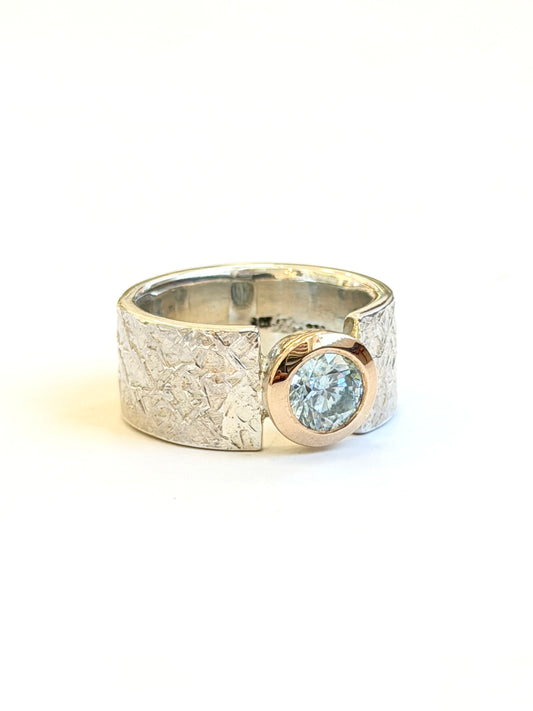 Textured Silver, Rose Gold, 1.0ct Moissanite wide band ring by Idour (CI.5)