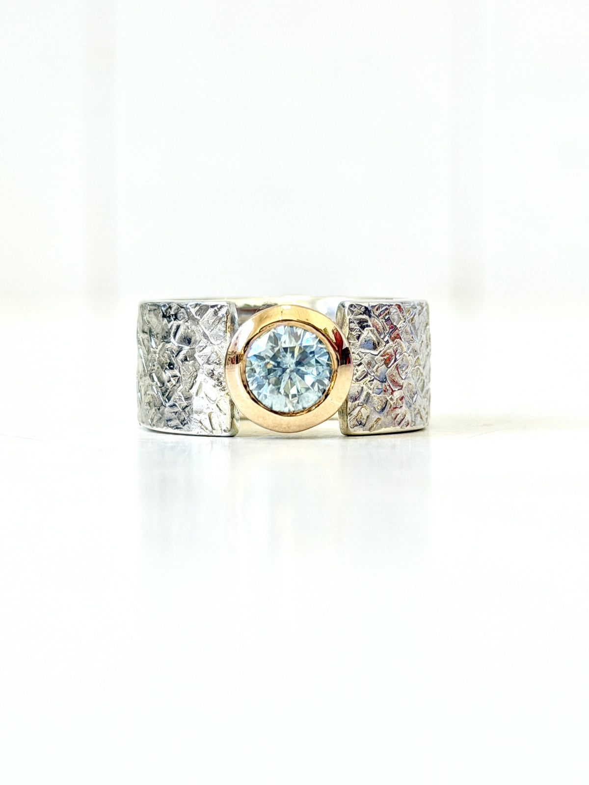 Textured Silver, Rose Gold, 1.0ct Moissanite wide band ring by Idour (CI.5)