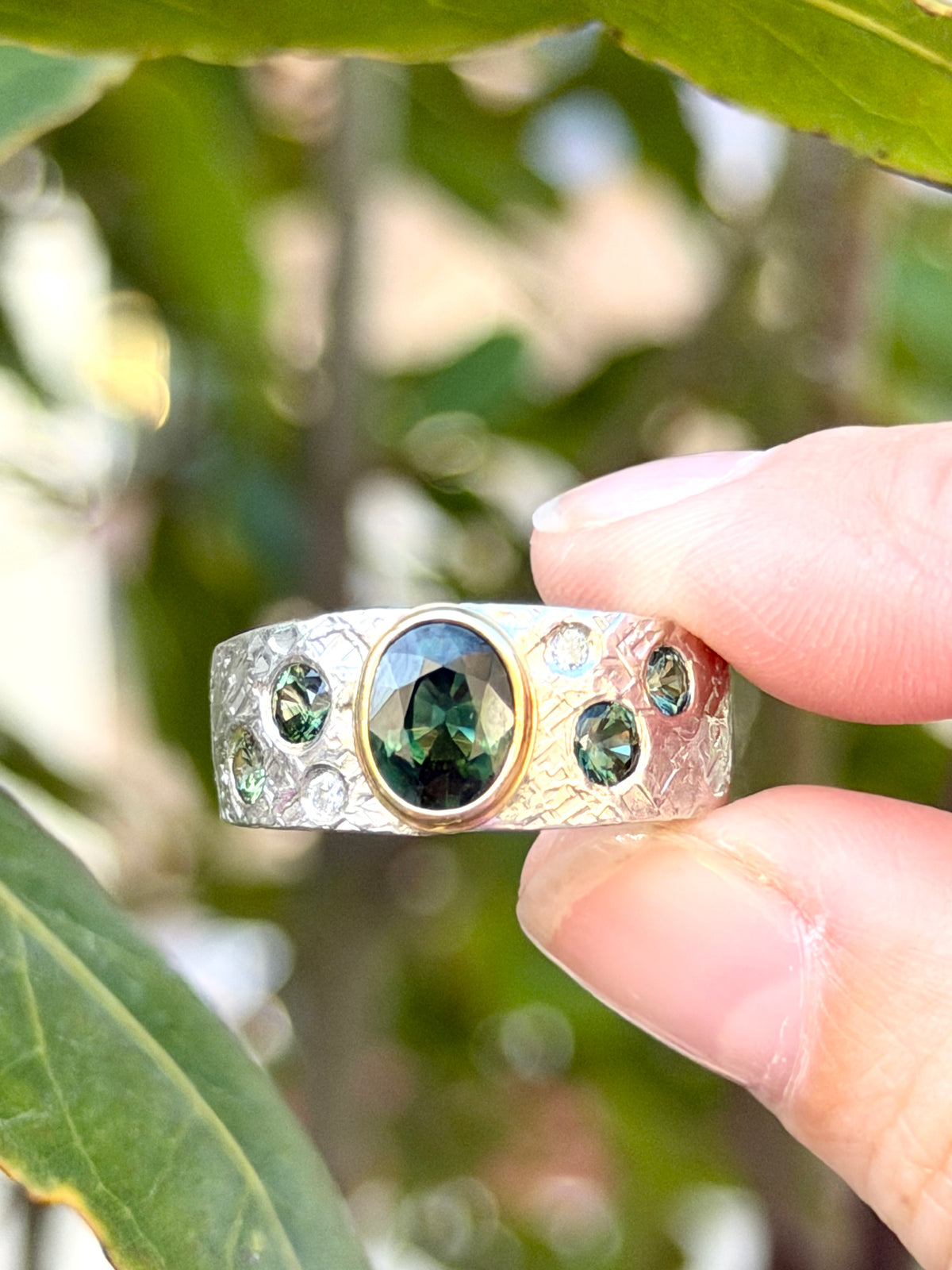 Green Sapphire and Diamond Ring, Stirling Silver with 18ct gold setting (Ci.3)
