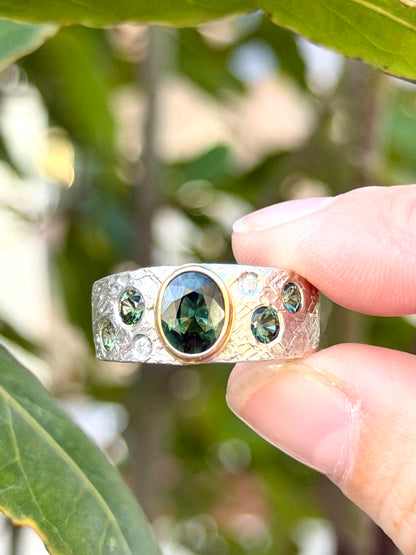 Green Sapphire and Diamond Ring, Stirling Silver with 18ct gold setting (Ci.3)