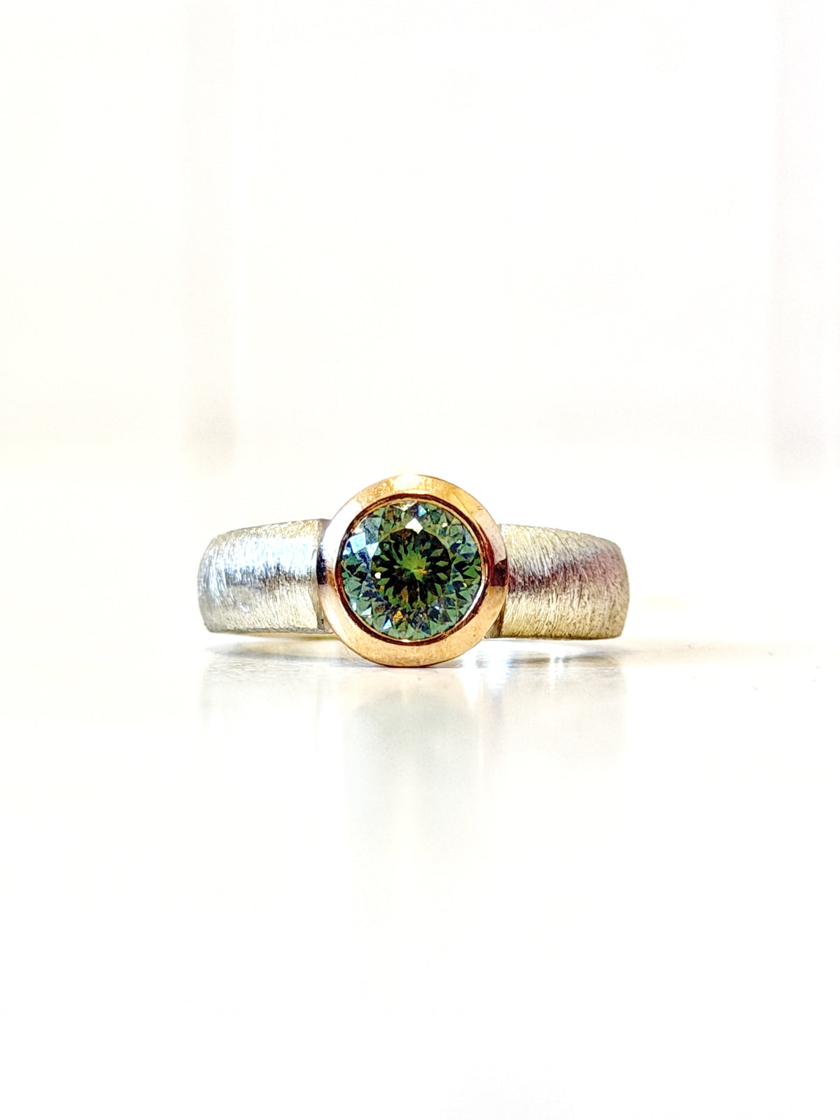 Textured Silver, Rose Gold, Blue Green Moissanite narrow band ring by Idour (CI.8)