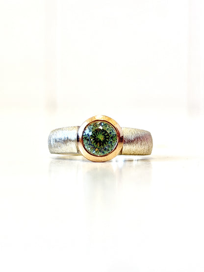 Textured Silver, Rose Gold, Blue Green Moissanite narrow band ring by Idour (CI.8)