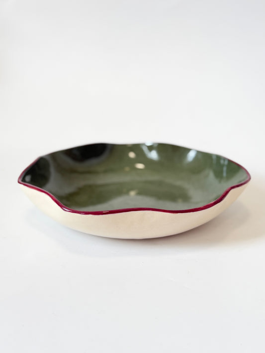 Olive Green Ruffle Bowl with Burgundy Rim by Formantics