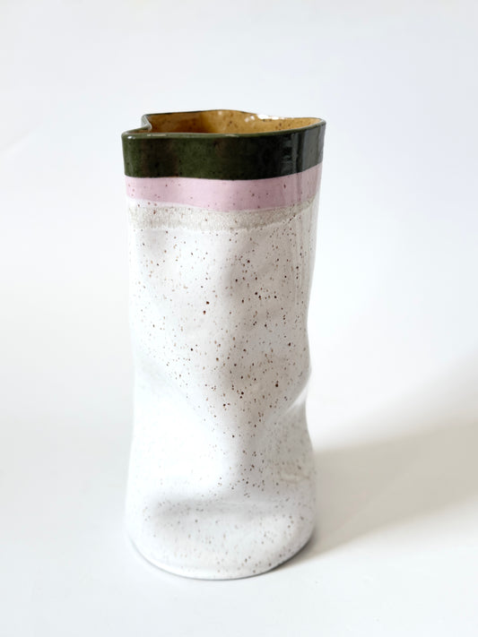 Large Slouch Vase - White Speckle with Lilac and Green Rim - by Formantics