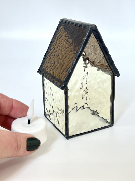 Stained Glass Tea Light House - Light Gold