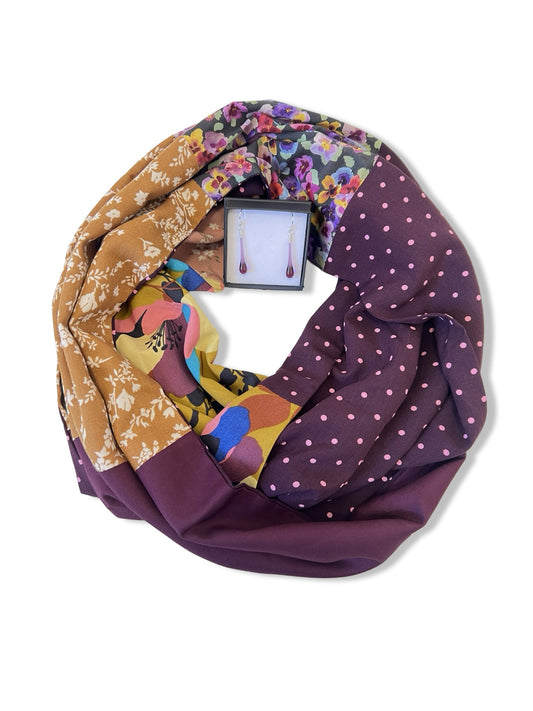 Infinity Scarf - Mustard Autumnal Florals / Plum Polka Dot