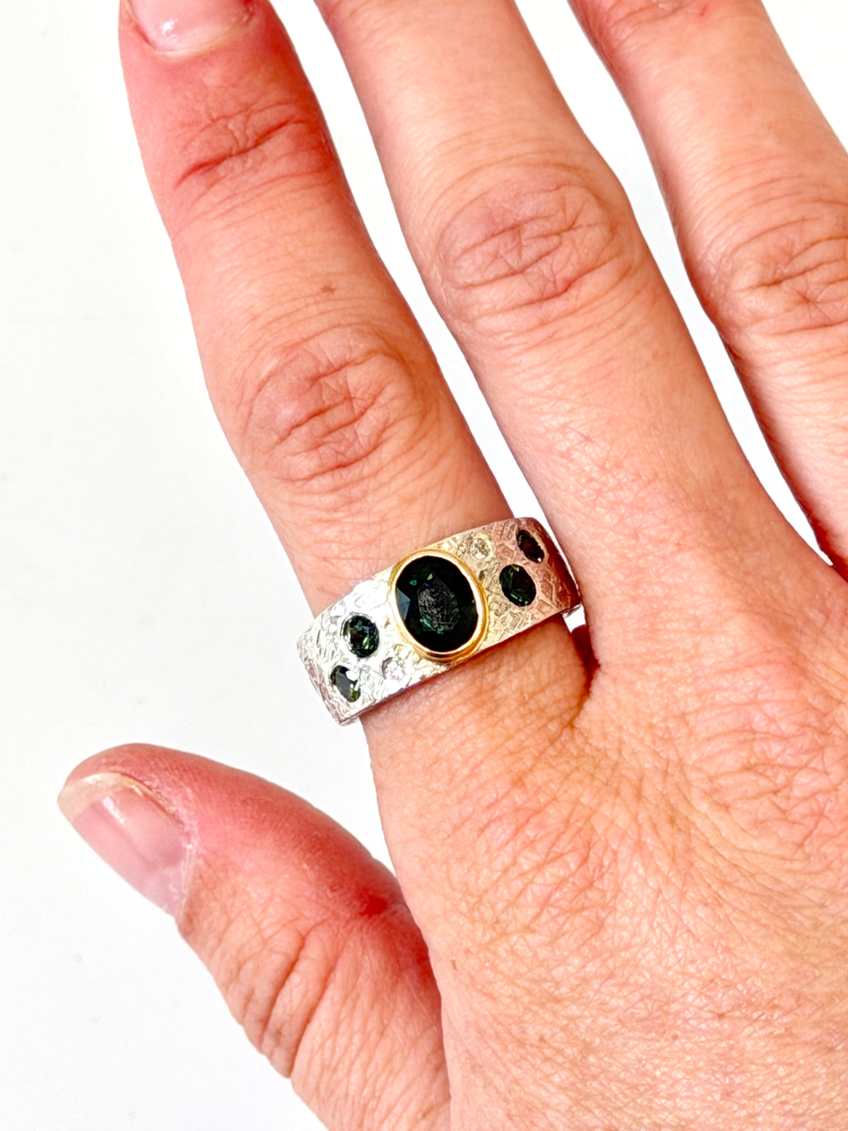 Green Sapphire and Diamond Ring, Stirling Silver with 18ct gold setting (Ci.3)