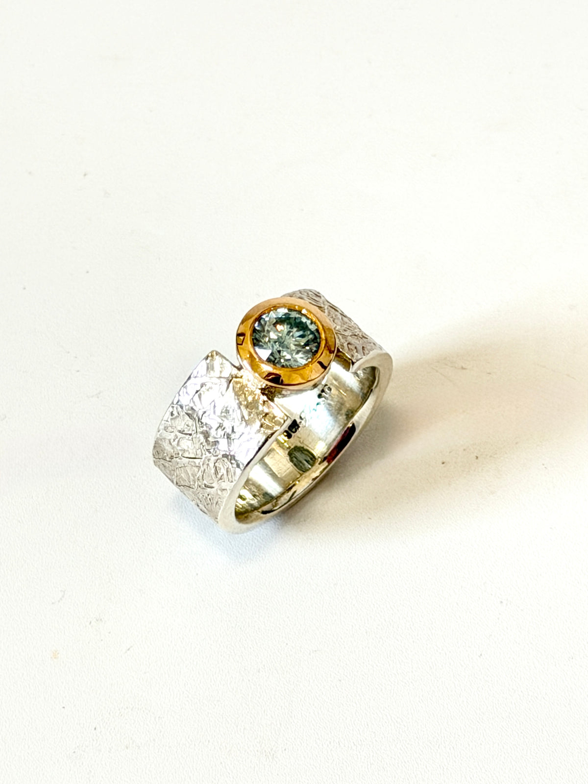 Textured Silver, Rose Gold, 1.0ct Moissanite wide band ring by Idour (CI.5)