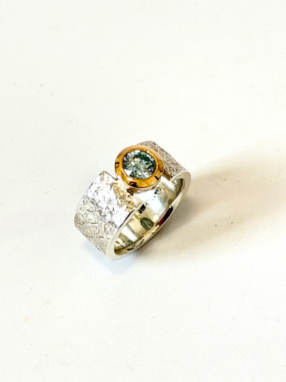 Textured Silver, Rose Gold, 1.0ct Moissanite wide band ring by Idour (CI.5)