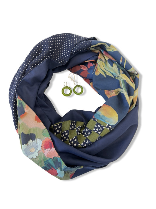 Infinity Scarf -  Maroon Red Florals / Navy Blue