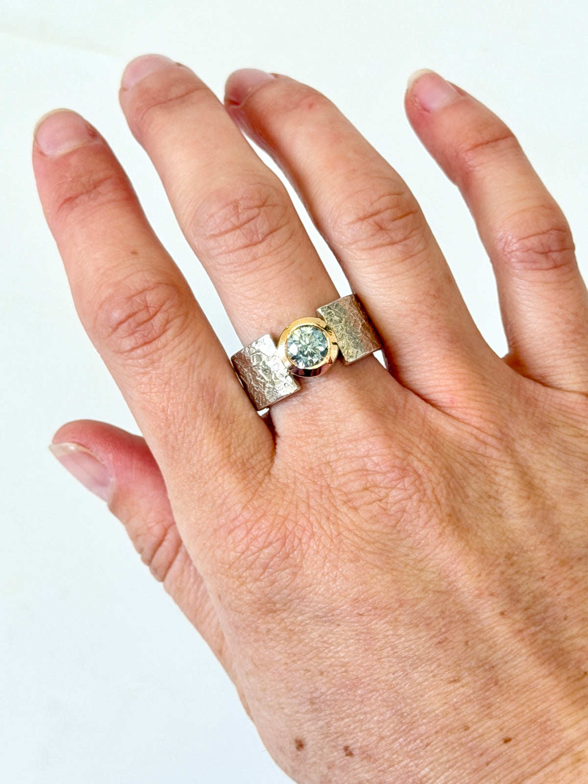 Textured Silver, Rose Gold, 1.0ct Moissanite wide band ring by Idour (CI.5)