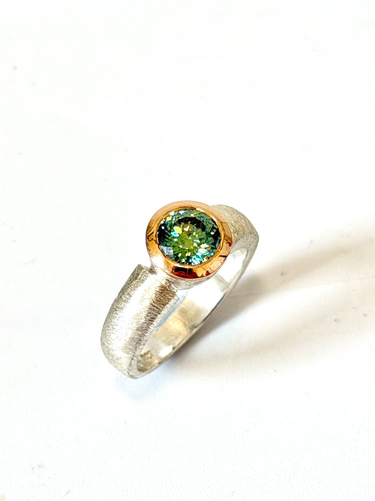 Textured Silver, Rose Gold, Blue Green Moissanite narrow band ring by Idour (CI.8)