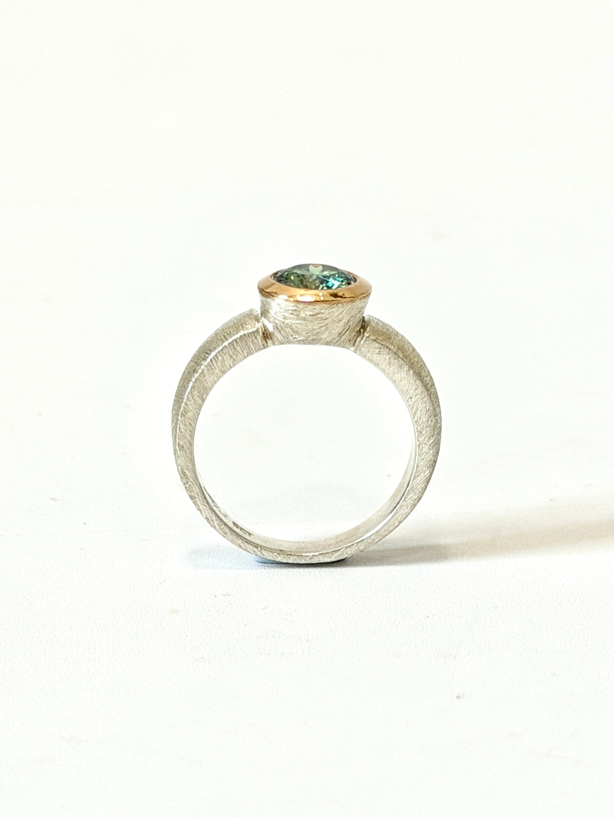 Textured Silver, Rose Gold, Blue Green Moissanite narrow band ring by Idour (CI.8)