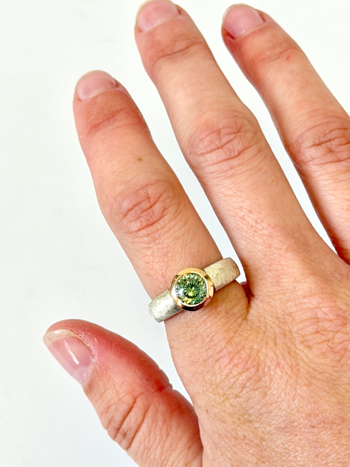 Textured Silver, Rose Gold, Blue Green Moissanite narrow band ring by Idour (CI.8)