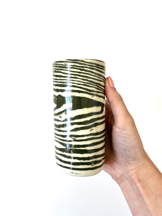 Ceramic Nerikomi Skinny Vase - Large - Dark Green Stripe