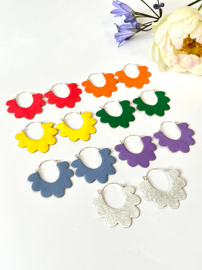 Ruffle Hoop Earrings - White, Silver Glitter