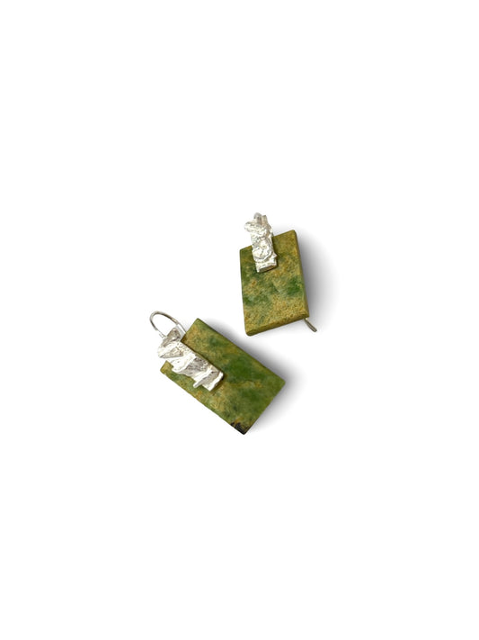 Square Pounamu earrings with reticulated silver (EA-SQ3)