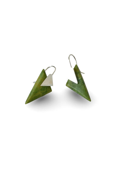 Diamond Shaped Pounamu Earrings with Silver Triangle (EA-DM1)