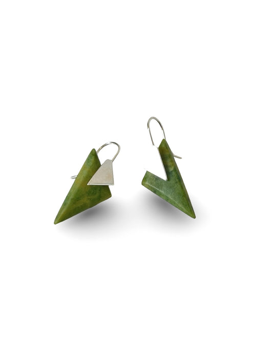 Diamond Shaped Pounamu Earrings with Silver Triangle (EA-DM1)