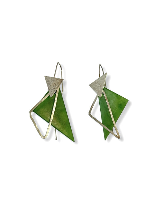 Layered Irregular Triangle Pounamu ans Silver Earrings (EA-TR1)