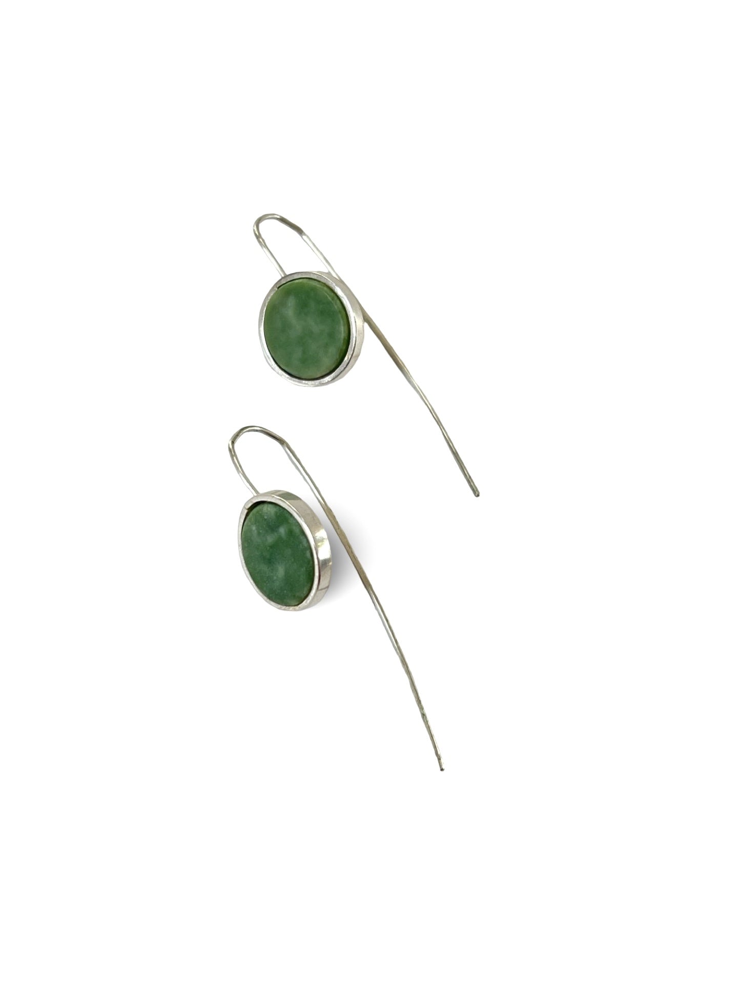 Small Disk Pounamu & Silver Earrings on Long Wire (EA-DI14)