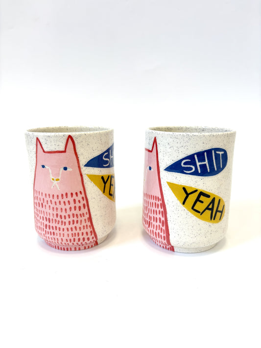 Ceramic Cup by Studio Soph - "SHIT YEAH" with Pink/Red  Cat