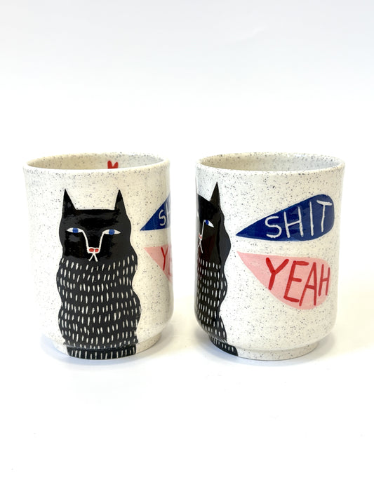 Ceramic Cup by Studio Soph - "SHIT YEAH" with Black Dash Cat