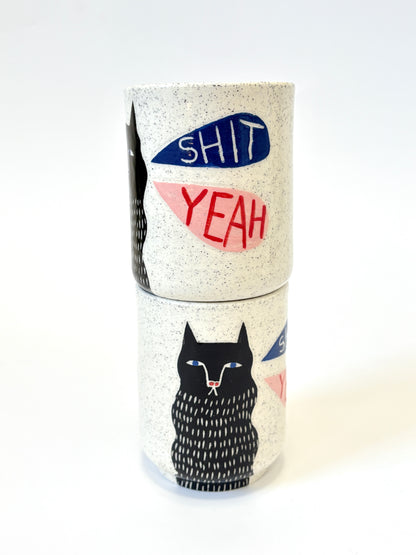 Ceramic Cup by Studio Soph - "SHIT YEAH" with Black Dash Cat