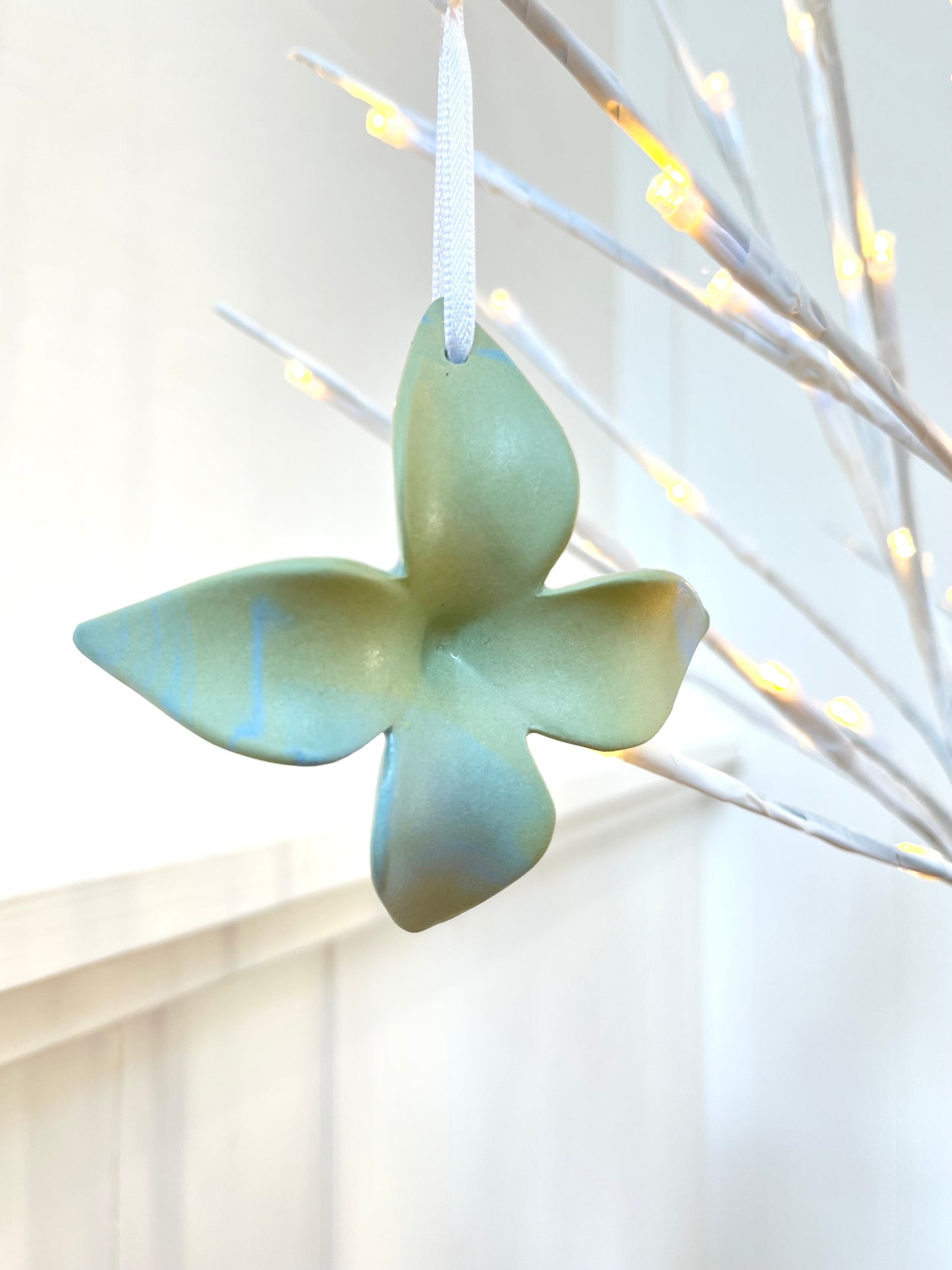 Ceramic Abelia Ornament - Matte Green / Blue