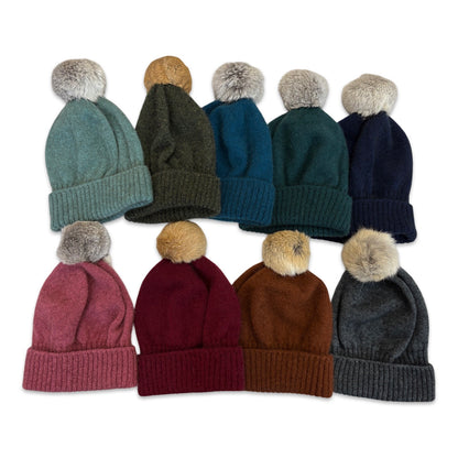 Possum Merino Turn Back Beanie with Rabbit Fur Pompom - Charcoal