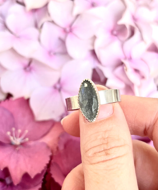 Labradorite Ring - Wide Sterling Silver Band - Size 8