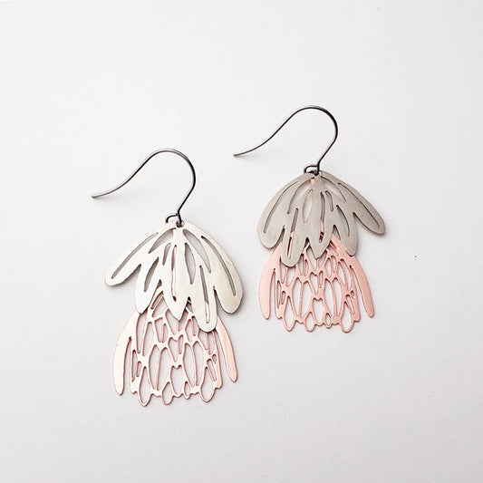Mini Protea Flower Dangle Earrings in Silver/Rose Gold