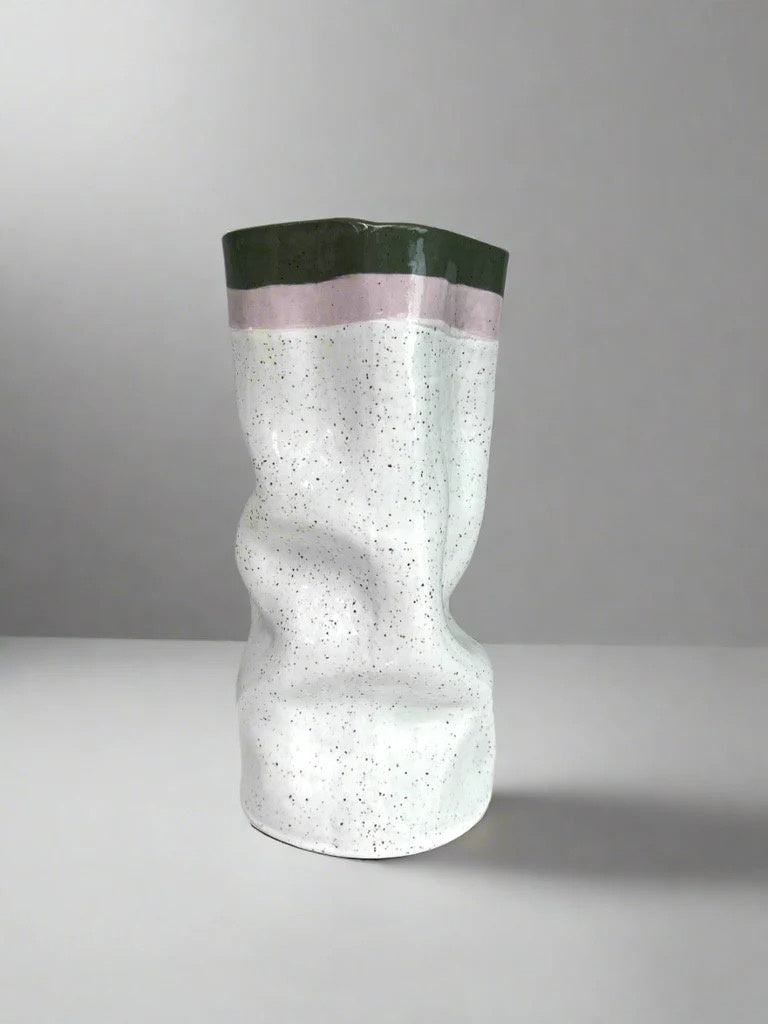 Large Slouch Vase - White Speckle with Lilac and Green Rim - by Formantics