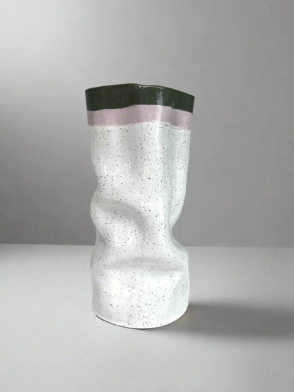Large Slouch Vase - White Speckle with Lilac and Green Rim - by Formantics
