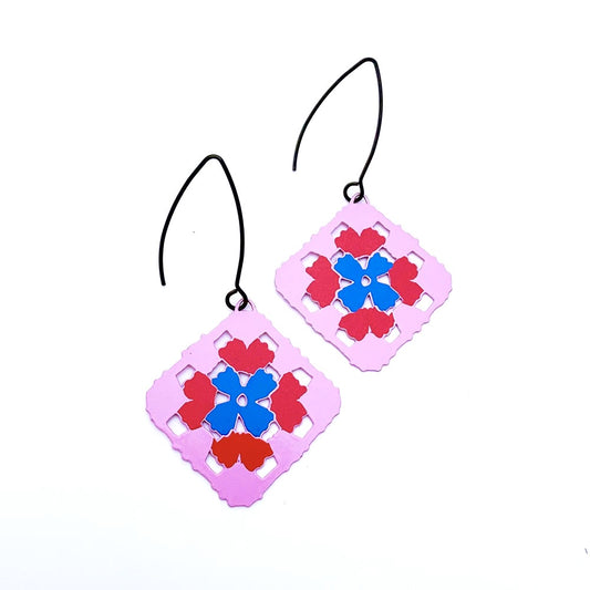 Granny Square earrings in Pink, Red & Blue