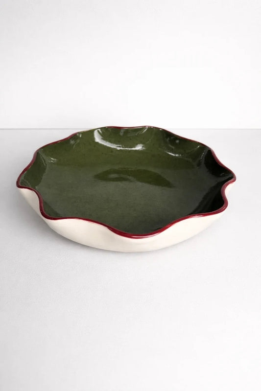 Olive Green Ruffle Bowl with Burgundy Rim by Formantics