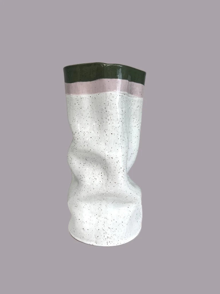 Large Slouch Vase - White Speckle with Lilac and Green Rim - by Formantics